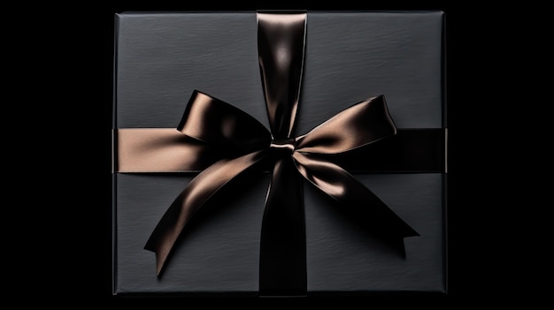 First person top view photo of hands holding black unwrapped giftbox on isolated black background