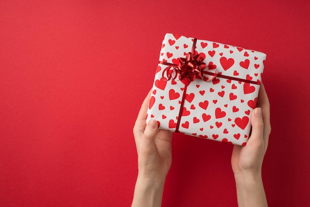 First person top view photo of saint valentine's day decor girl's hands giving gift box in white wrapping paper with heart pattern and red star bow on isolated red background with copyspace