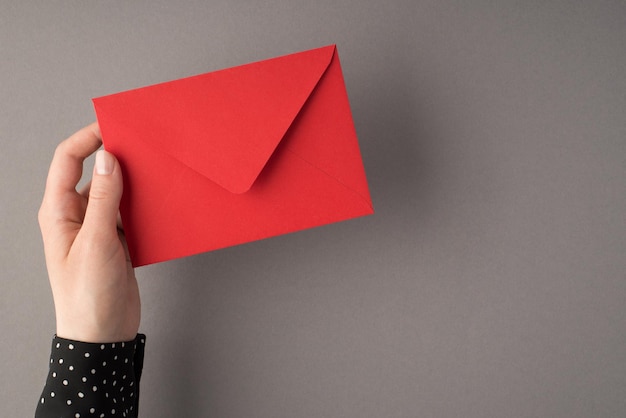 First person top view photo of woman's hand holding closed red envelope on isolated grey background with copyspace