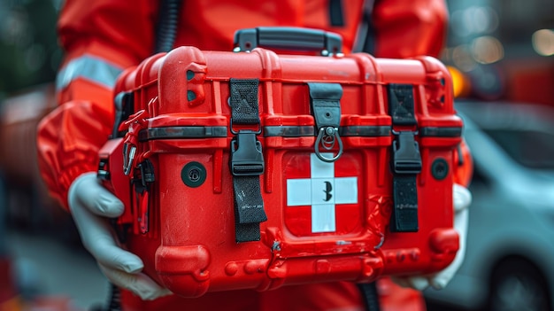 Photo first responder carrying red medical case with white cross