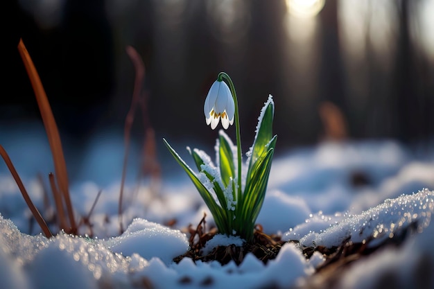 First spring flowers spring snowdrop flower Generative AI