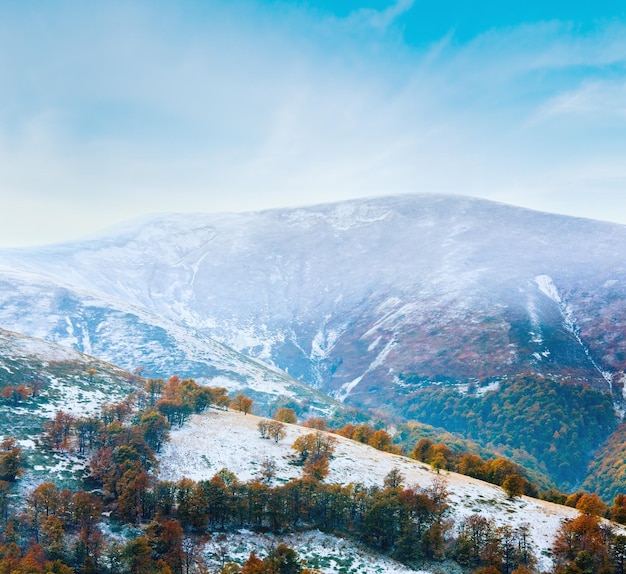 First winter snow and autumn colorful foliage on mountain