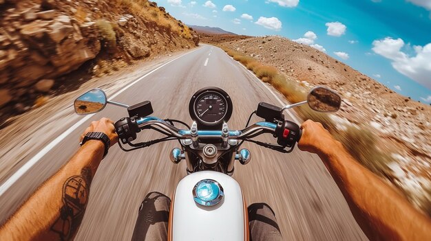 Photo firstperson view motorcycle ride on open desert road with clear blue sky and mountains