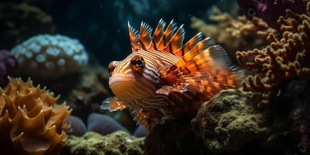 Fish Animals of the underwater marine world Ecosystem Multi Colored tropical fish Life in a coral reef Underwater panorama with coral reefs and fishes Generative AI