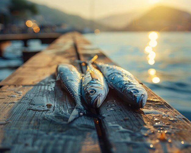 Fish bait on a wooden dock early morning preparation