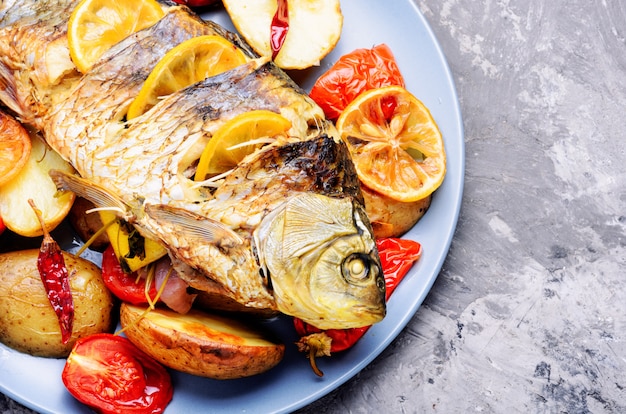 Fish baked with vegetable garnish