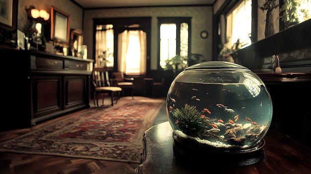 A fish bowl is on a table with a goldfish in it