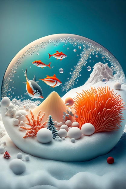 Fish bowl sitting on top of a snow covered ground generative ai