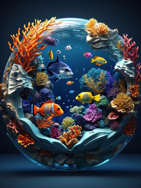 Photo a fish bowl with a fish and corals under it