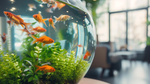 a fish bowl with goldfish in it and a green plant in the corner