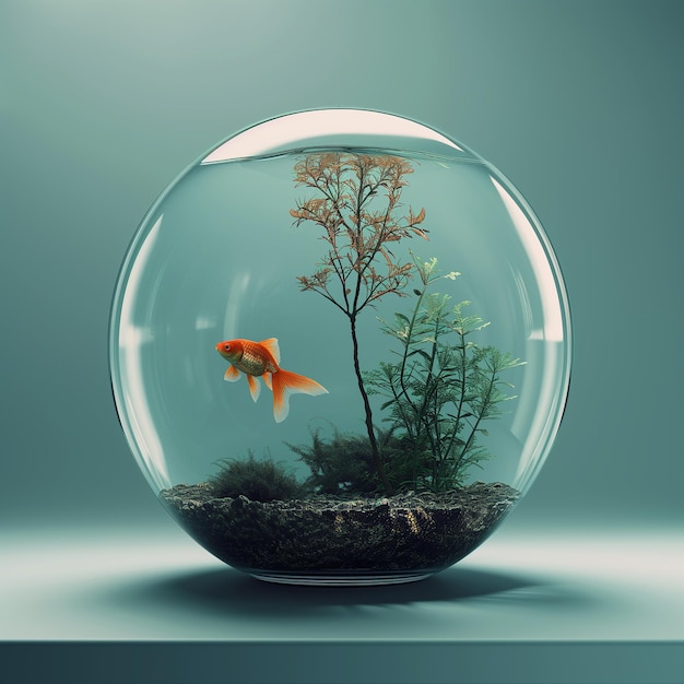 a fish in a bowl with a goldfish in it