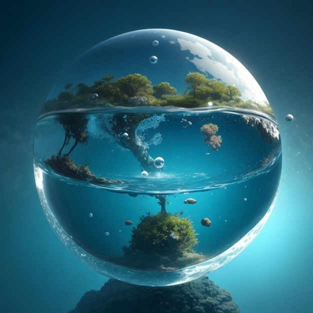 a fish bowl with the ocean and the earth in the background