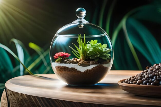 Photo a fish bowl with plants and a bowl of water.