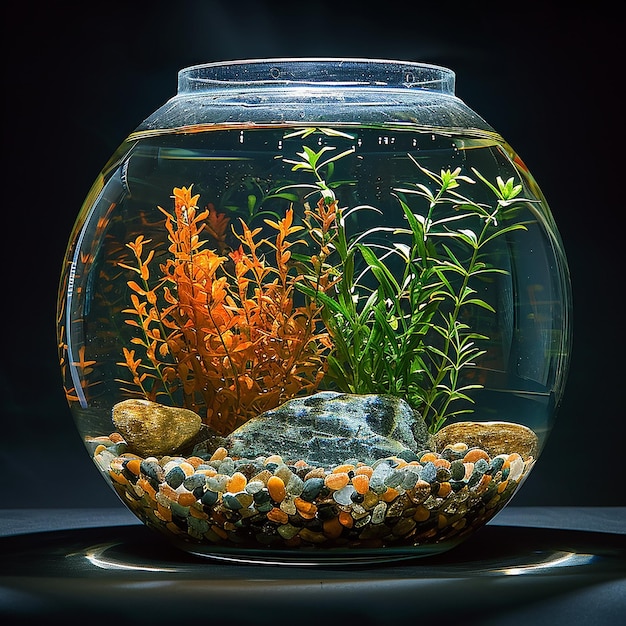 a fish bowl with rocks and plants in it