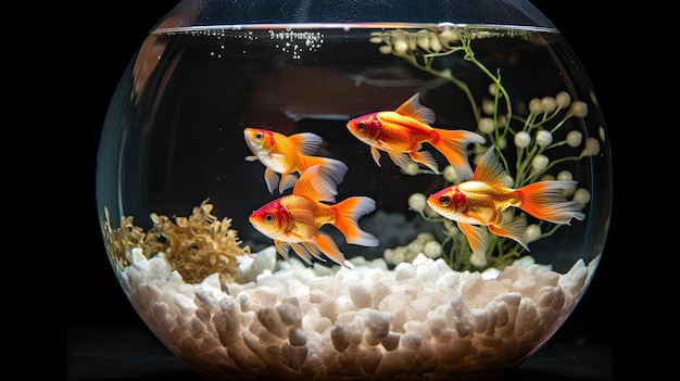 A fish bowl with a white rock in the bottom.