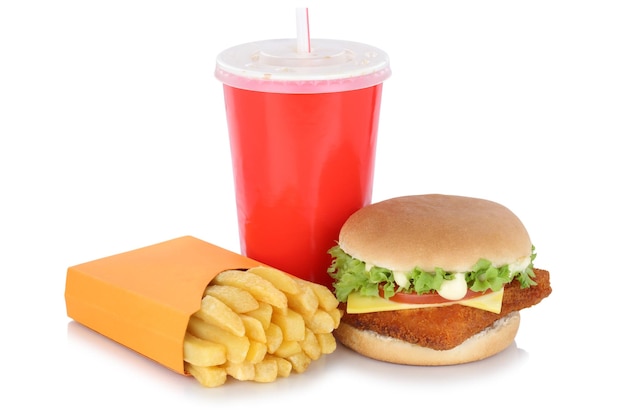 Fish burger fishburger hamburger and fries menu meal drink isolated