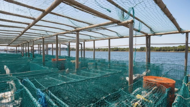 Fish cages in the ocean for aquaculture emphasizing sustainable seafood practices