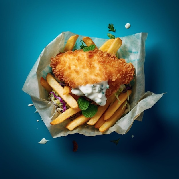 A fish and chips dish with a sauce on it