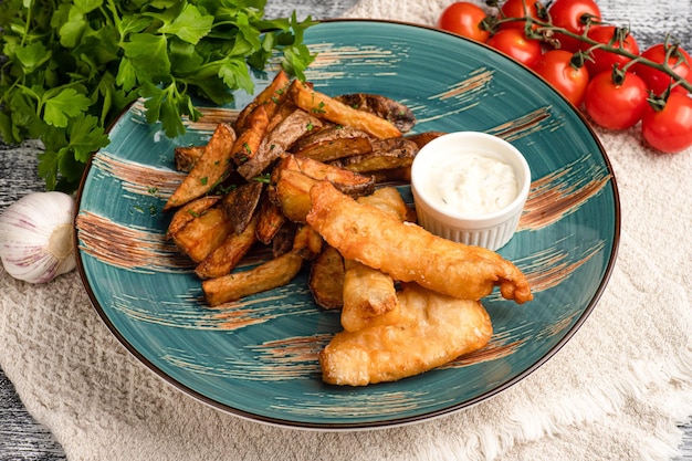 Fish and Chips Fish and Chips snack on a wooden white background