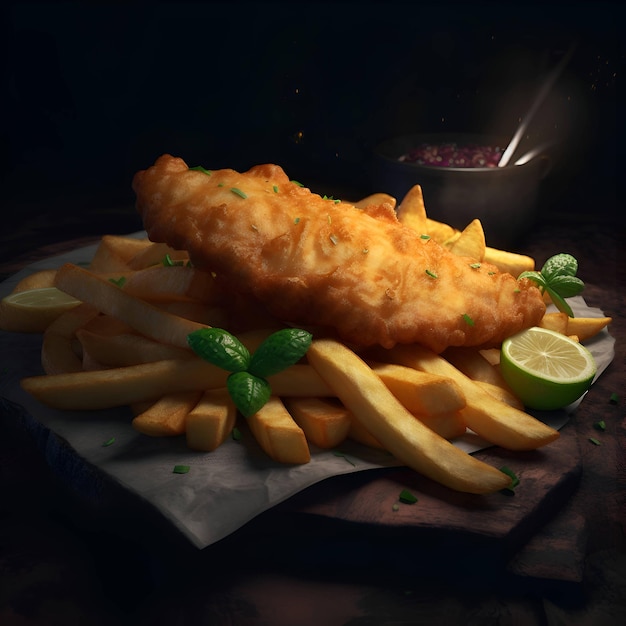 Fish and chips Fish and chips on a wooden board Dark background