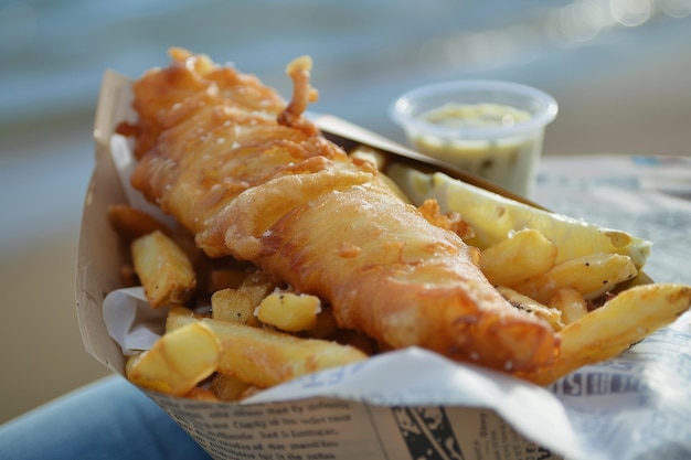 A fish and chips meal is served in a paper basket