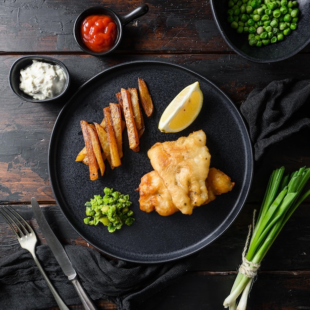 Fish and chips Traditional british fast food hot dish consisting of fried fish potato chips mushy peas and tartare sauce served on black plate over old dark wood table in pub top view square close up