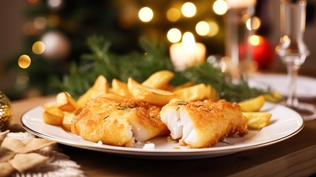 Fish and chips for winter holiday dinner traditional british cuisine recipe in english country home