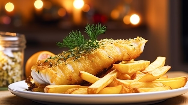 Fish and chips for winter holiday dinner traditional british cuisine recipe in english country home