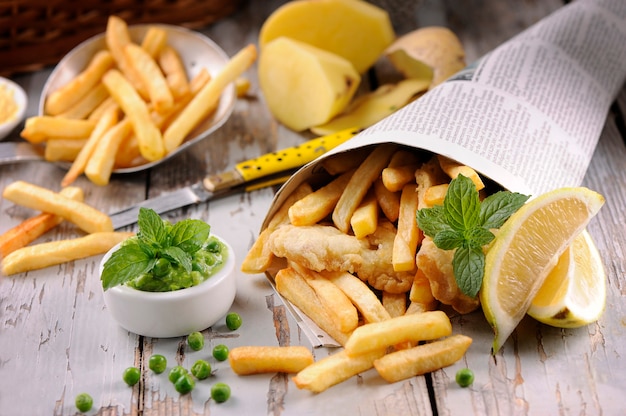 Fish Chips in wooden table