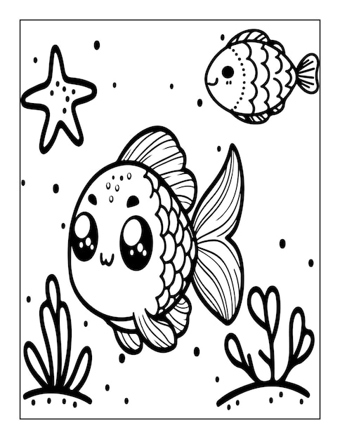 Fish coloring page for kids outline illustration