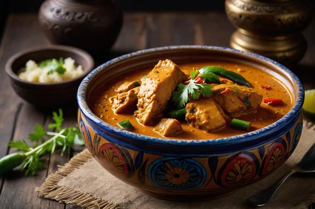 fish curry in a classic earthenware bowl with