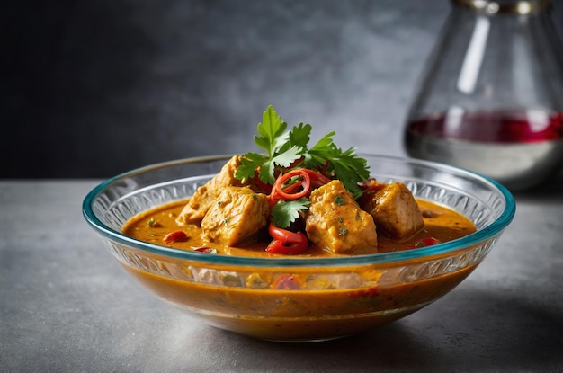 Photo fish curry in a modern glass bowl with a cle