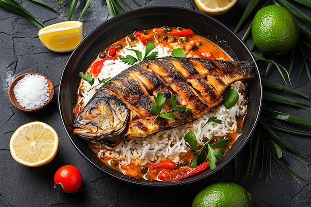 Fish curry on vibrant dinner table