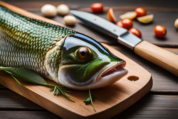 a fish on a cutting board with a knife and tomatoes.