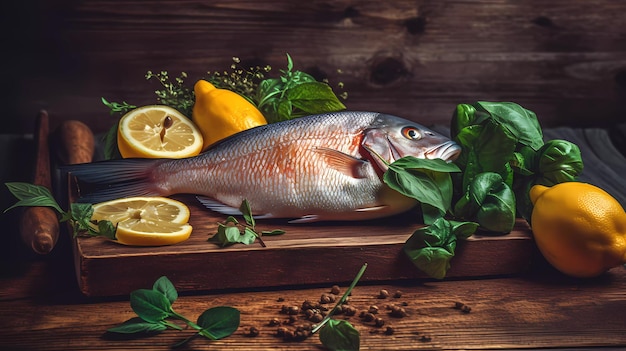 A fish on a cutting board with lemons and basil