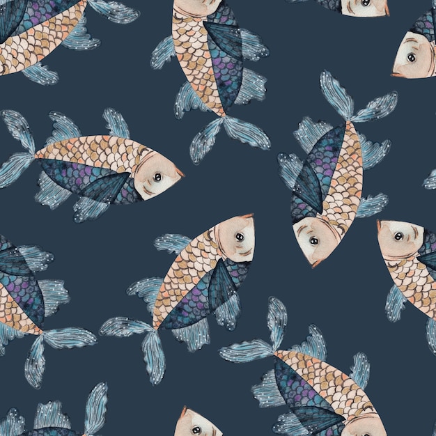 Photo fish on a dark background seamless pattern watercolor illustration