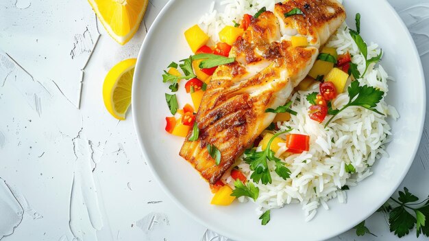 Photo fish dish fried cod fillet with boiled white rice and fresh fruit salsa on white table