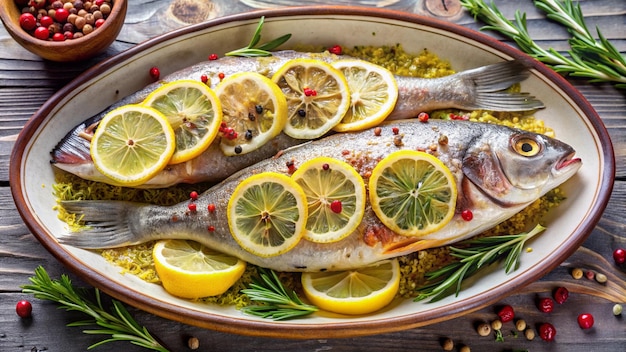 Photo a fish dish with lemons and lemons on it