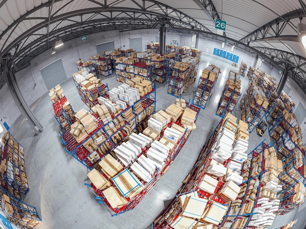 Fish eye view of the interior of an industrial warehouse