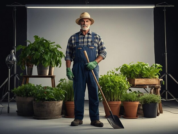 Photo fish farmer standing with a set of gardening tools and_1