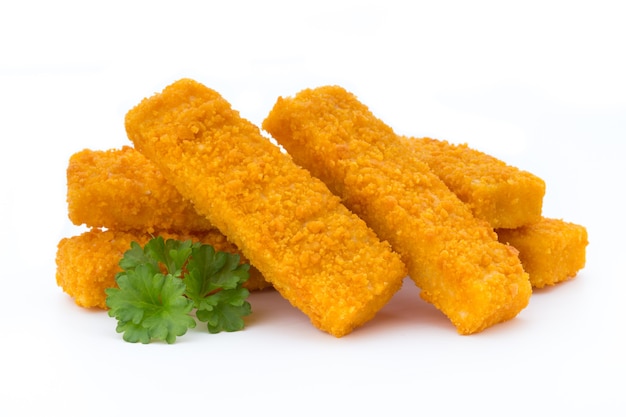 Fish fingers on the white background.