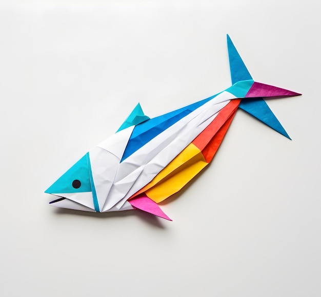 Fish folded from paper is located on a white background an isolated object Japanese art origami