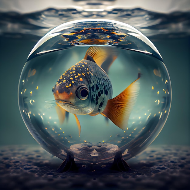 Fish in a glass aquarium 3d rendering Vintage style