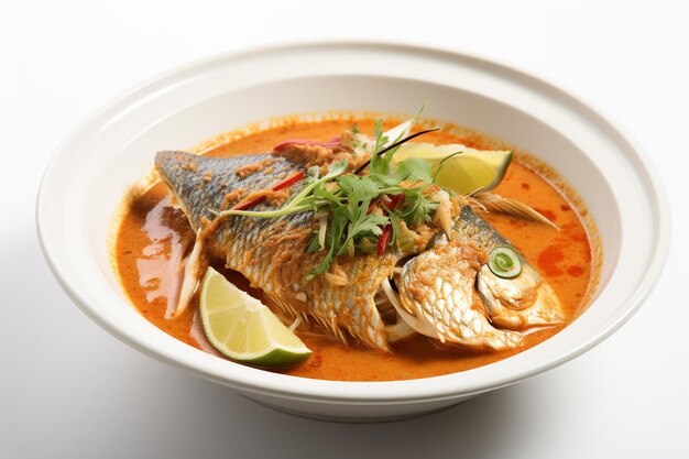 Fish head curry singaporean cuisine on white background