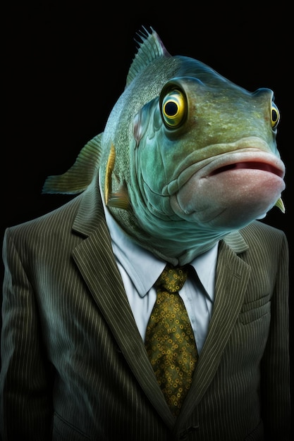 A fish head with a suit and tie that says " fish " on it.