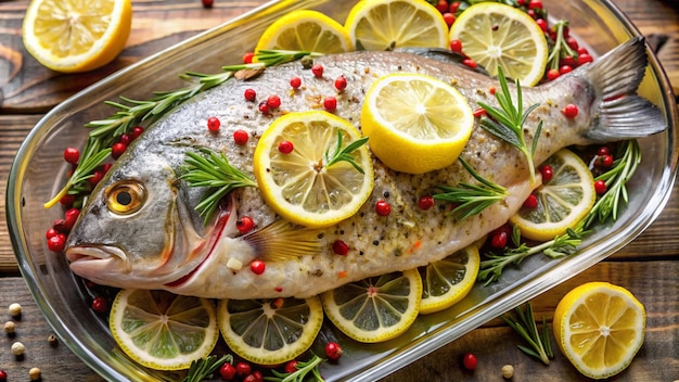 Photo a fish is being prepared with lemons and pineapples