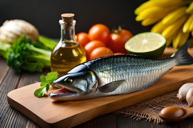 a fish is on a cutting board with vegetables and fruits.