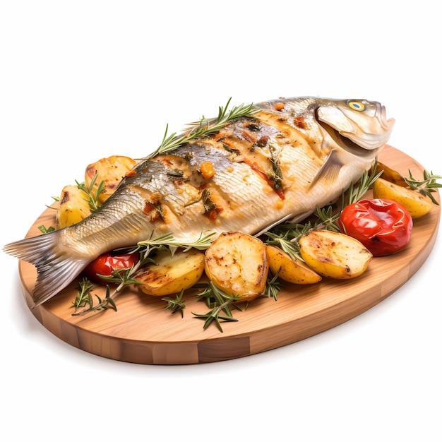 a fish is on a platter with vegetables and a knife.