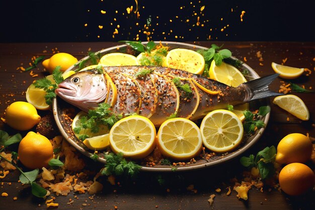 Photo a fish is served on a plate with lemon slices and herbs