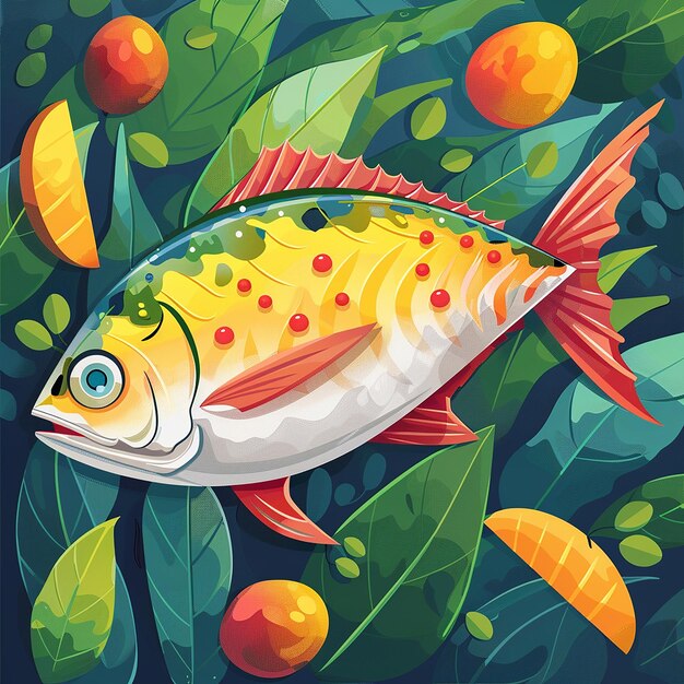 Photo a fish is shown with oranges and green leaves